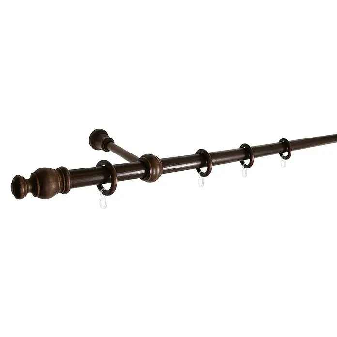 Expo Ambiente Komplettgarnitur Mini - Länge: 160 cm, Nussbaum - Detailaufnahme einer braunen Gardinenstange mit Zierknöpfen, Ringen und Halterung, die eine elegante Fensterdekoration zeigt.