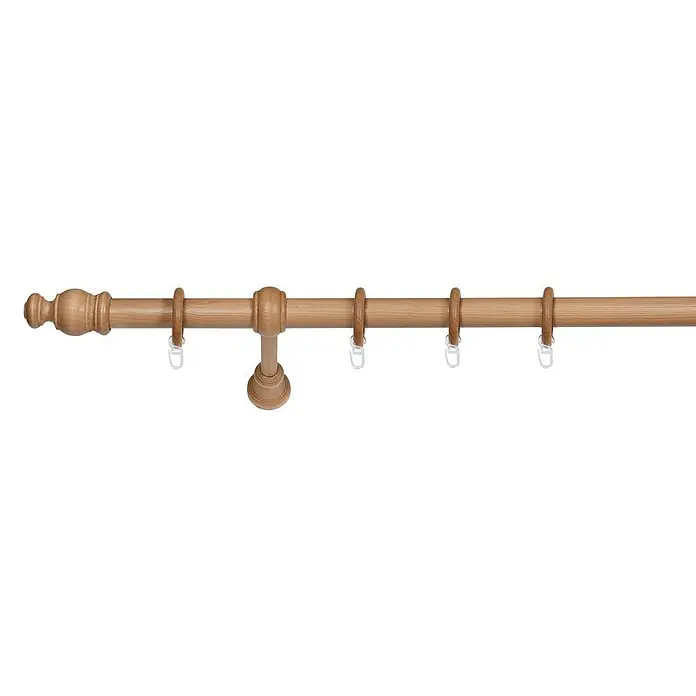 Expo Ambiente Komplettgarnitur Mini - Länge: 160 cm, Buche - Detailaufnahme einer Holzgardinenstange mit Endstück, Ringen und Halterung.