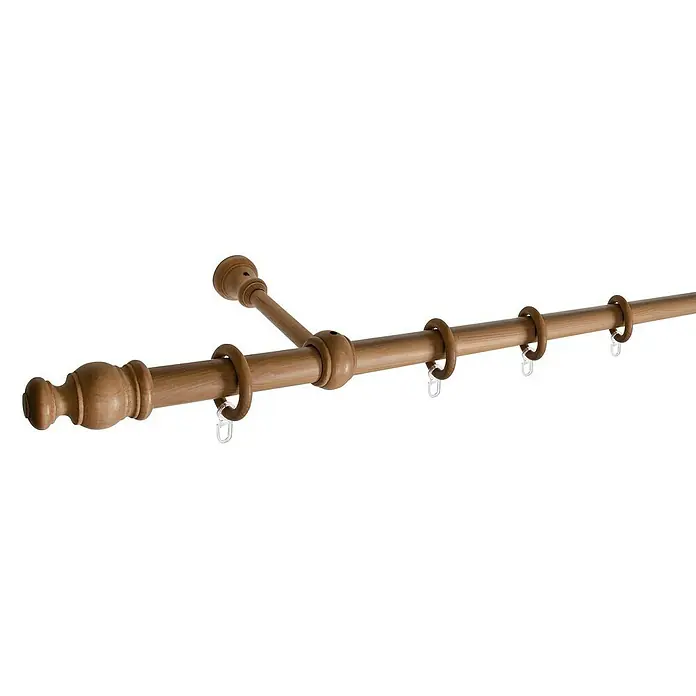 Expo Ambiente Komplettgarnitur Mini - Länge: 120 cm, Buche - Abgebildet ist eine hölzerne Gardinenstange mit Endknöpfen und Ringen zur Befestigung von Vorhängen. Das System ist detailreich und natürlich.