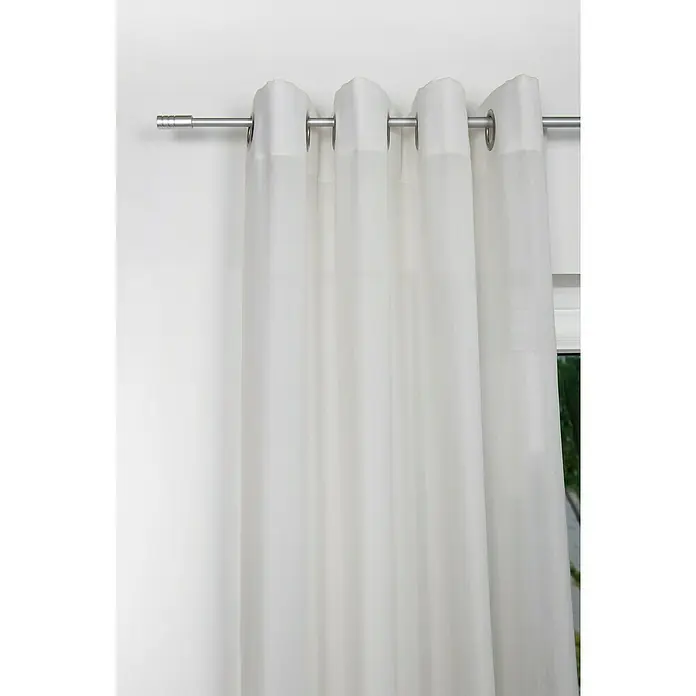 Expo Ambiente Stilgarnitur Rillcube - Länge Gardinenstange: 160 cm - 280 cm, Edelstahloptik - Helle, transparente Gardinen mit silbernen Ösen, die an einer passenden Stange hängen, filtern sanft das einfallende Licht und sorgen für Privatsphäre.