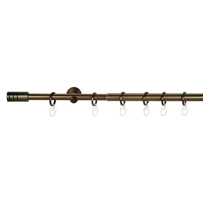 Expo Ambiente Stilgarnitur Rillcube - Länge Gardinenstange: 160 cm - 280 cm, Bronze - Nahaufnahme einer bronzefarbenen Gardinenstange mit Ringen und Endstück, ideal für stilvolle Fensterdekoration.