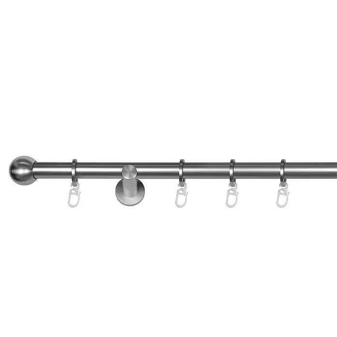Sombra Stilgarnitur Ball - Länge: 200 cm, Durchmesser: 16 mm, Edelstahloptik - Eine Gardinenstange aus Metall mit Halterung und Ringen zum Aufhängen von Vorhängen, die ein elegantes und modernes Design bietet.