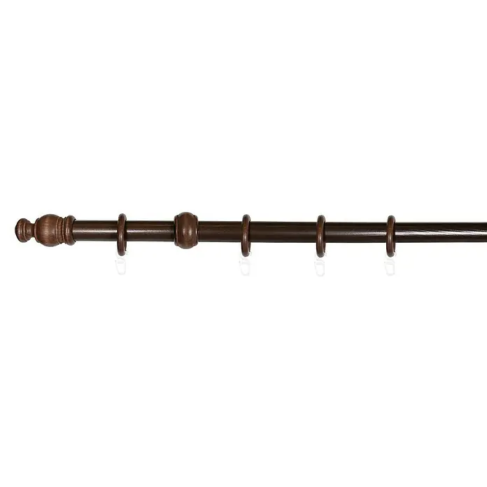 Expo Ambiente Komplettgarnitur Mini - Länge: 160 cm, Nussbaum - Eine braune Gardinenstange mit dekorativen Endstücken und Ringen zur Aufhängung von Gardinen, die Eleganz und Funktionalität vereint.