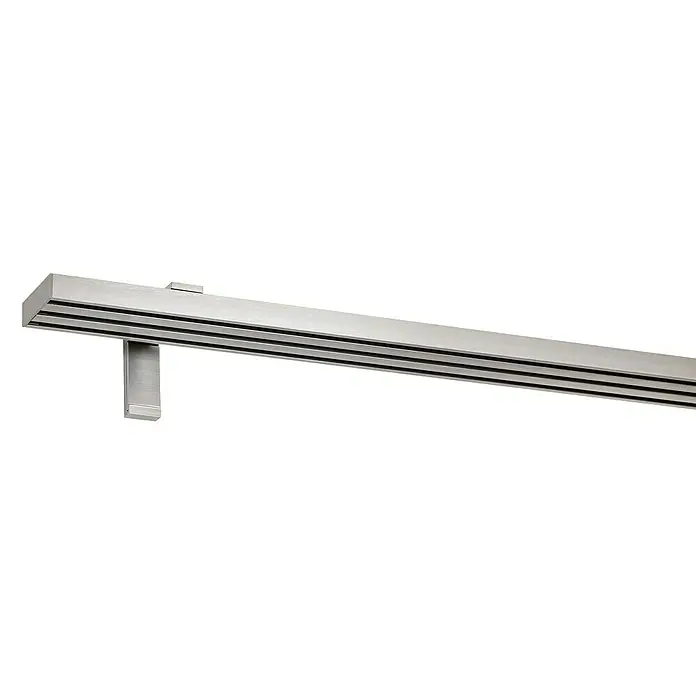 Expo Ambiente Gardinenprofil Smart Set - Anzahl Läufe: 3 Stk., Edelstahloptik, 210 cm - Nahaufnahme einer modernen, silberfarbenen Vorhangschiene mit drei Laufkanälen und einer stabilen Wandhalterung. Ideal für minimalistische Designs.