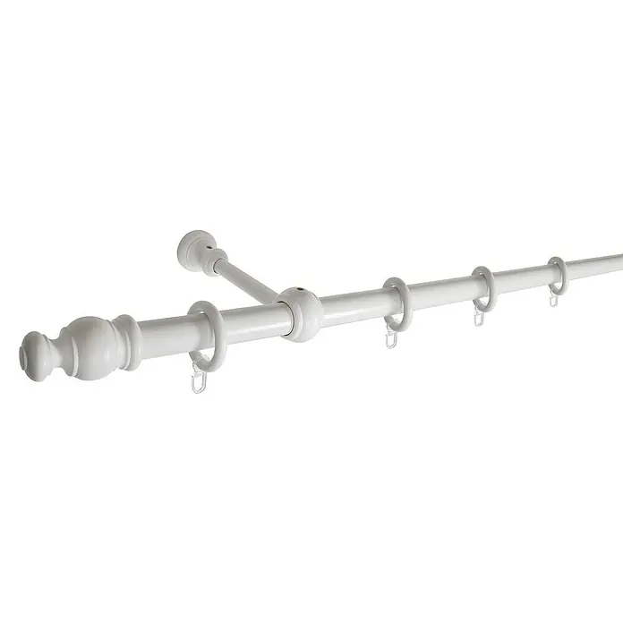 Expo Ambiente Komplettgarnitur Mini - Länge: 200 cm, Weiß - Detailaufnahme einer weißen Gardinenstange mit dekorativen Endstücken und Ringen, ideal für stilvolle Fensterdekoration.