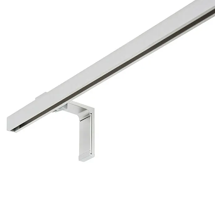 Expo Ambiente Gardinenprofil Smart Set - Anzahl Läufe: 1 Stk., Edelstahloptik, 200 cm - Nahaufnahme einer silbernen Gardinenstange mit Halterung vor einem weißen Hintergrund, die ein minimalistisches Design und Funktionalität zeigt.