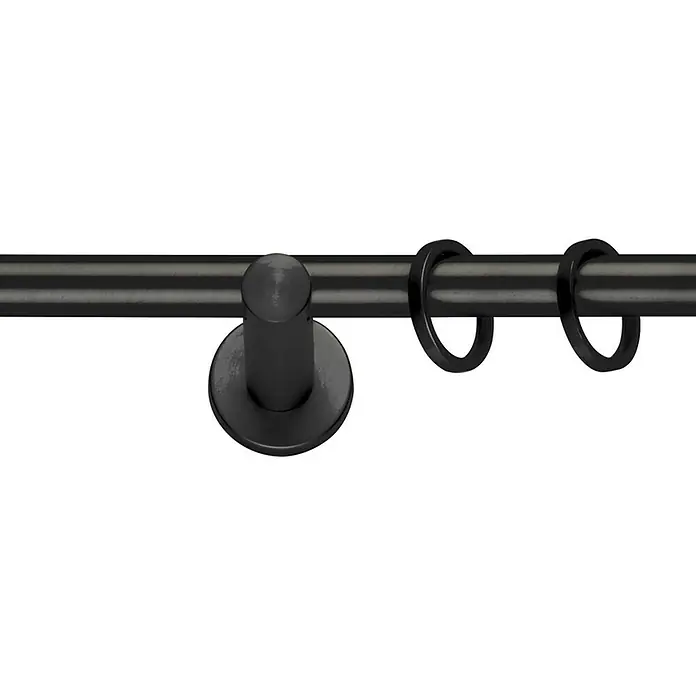 Expo Ambiente Stilgarnitur Rillcube - Länge Gardinenstange: 210 cm - 400 cm, Schwarz - Nahaufnahme einer schwarzen Gardinenstange mit Halterung und zwei Ringen, die ein elegantes und modernes Designelement darstellen.