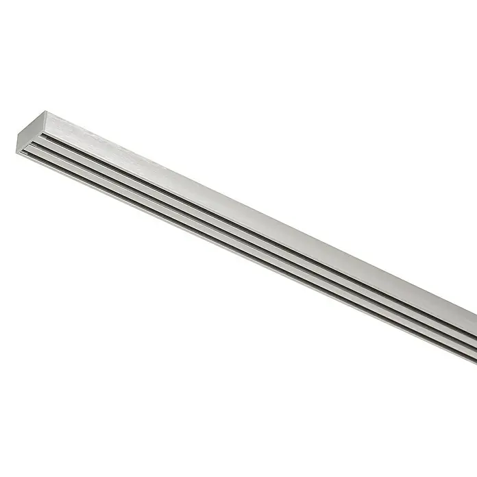 Expo Ambiente Gardinenprofil Smart Set - Anzahl Läufe: 3 Stk., Edelstahloptik, 210 cm - Die Aufnahme zeigt eine Metallschiene mit mehreren parallelen Schlitzen, die sich ideal für moderne Beleuchtungssysteme eignet.