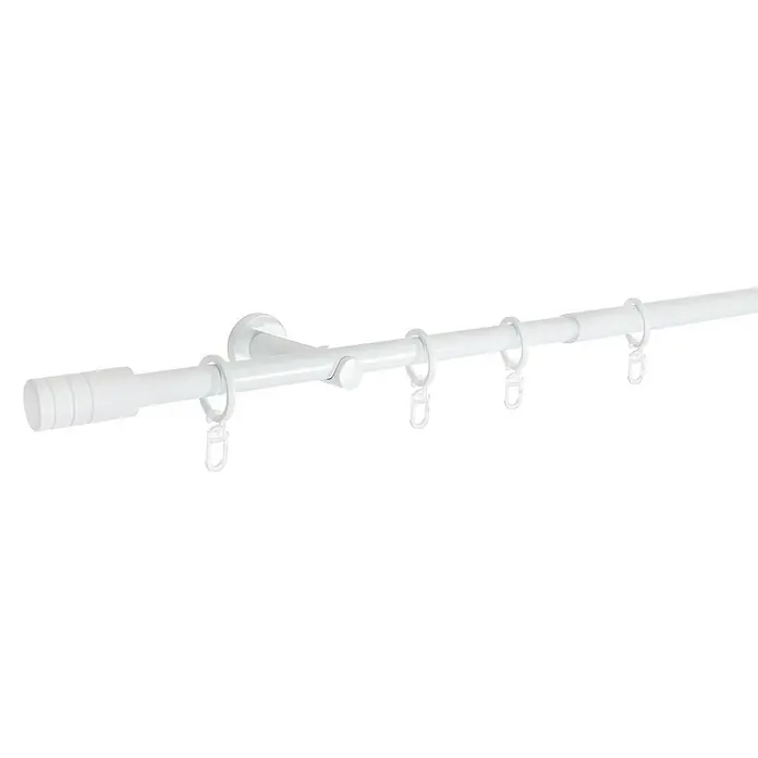 Expo Ambiente Stilgarnitur Rillcube - Länge Gardinenstange: 120 cm - 210 cm, Weiß - Eine weiße Gardinenstange mit Ringen und Halterung, ideal für Fensterdekoration.