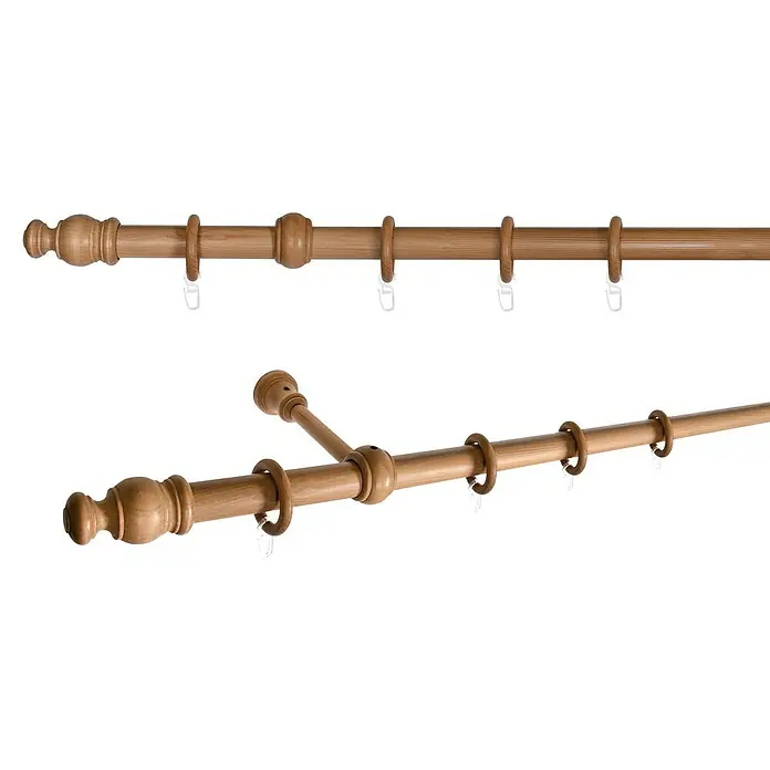 Expo Ambiente Komplettgarnitur Mini - Länge: 200 cm, Buche - Detailaufnahme einer hölzernen Gardinenstange mit dekorativen Endstücken und Ringen, ideal für stilvolle Fensterdekoration.
