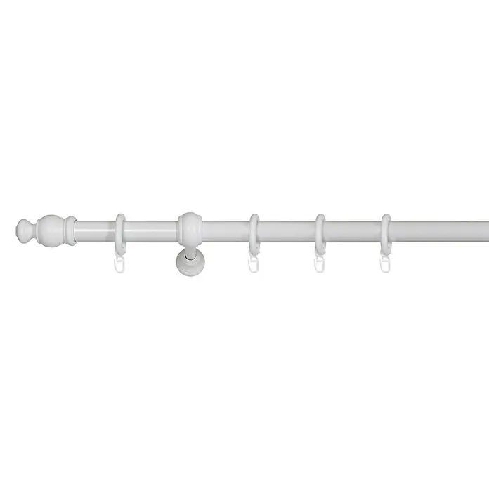 Expo Ambiente Komplettgarnitur Mini - Länge: 200 cm, Weiß - Eine weiße Gardinenstange mit Endstücken, Ringen und Halterung, die eine elegante und funktionale Lösung für Fensterdekoration bietet.