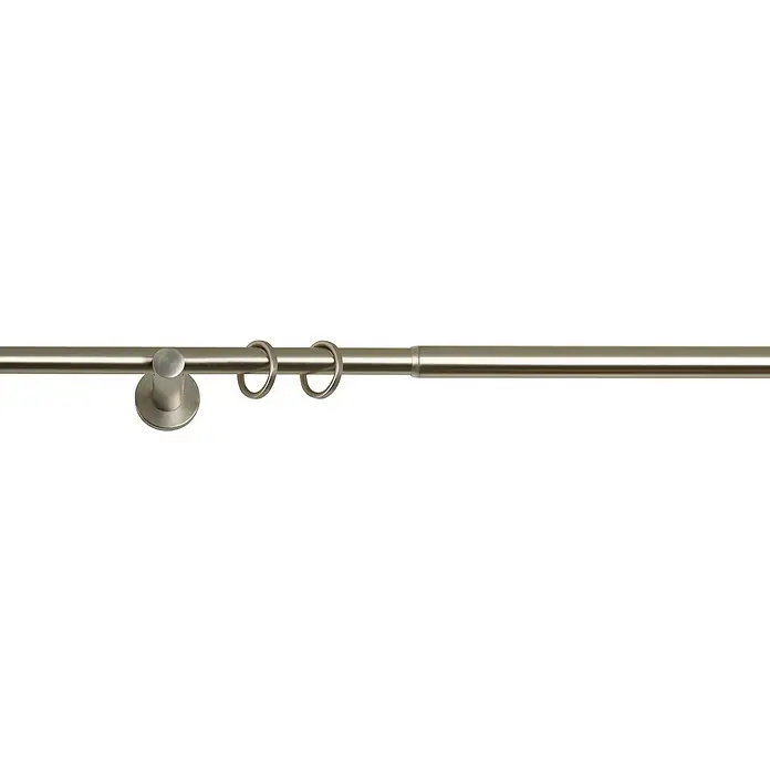 Expo Ambiente Stilgarnitur Rillcube - Länge Gardinenstange: 160 cm - 280 cm, Edelstahloptik - Nahaufnahme einer Gardinenstange aus gebürstetem Nickel mit Halterung und zwei Ringen, ideal für moderne Fensterdekorationen.