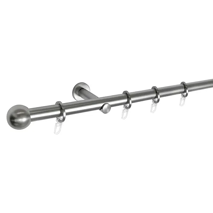 Sombra Stilgarnitur Ball - Länge: 200 cm, Durchmesser: 16 mm, Edelstahloptik - Nahaufnahme einer Gardinenstange aus Metall mit Endstück, Halterung und Gleitringen, ideal für moderne Fensterdekoration.