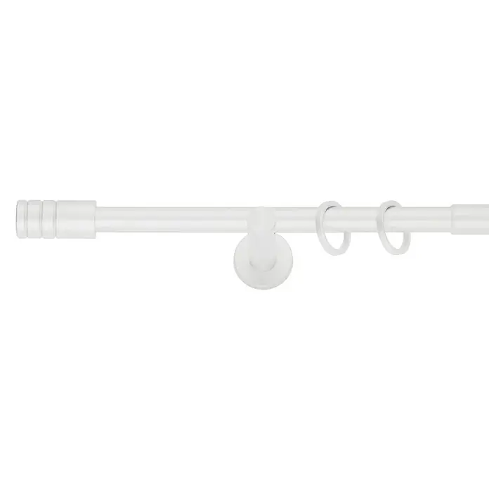 Expo Ambiente Stilgarnitur Rillcube - Länge Gardinenstange: 120 cm - 210 cm, Weiß - Nahaufnahme einer weißen Gardinenstange mit Halterung und Ringen, die ein minimalistisches und funktionales Design für Fensterdekoration zeigt.
