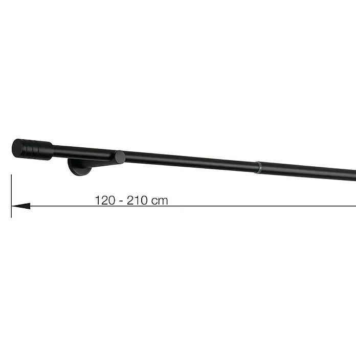 Expo Ambiente Stilgarnitur Rillcube - Länge Gardinenstange: 120 cm - 210 cm, Schwarz - Abgebildete schwarze Gardinenstange, ausziehbar von 120 bis 210 cm, für flexible Fensterdekorationen.