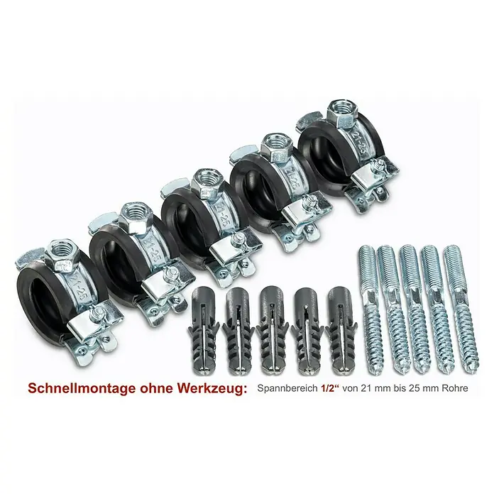 Click-Rohrschellen-Set - Durchmesser: 21 mm - 25 mm, 5 Stk. - Rohrschellen-Set: Sechs Rohrschellen mit Gummieinlage, Dübel und Schrauben für Rohre von 21 bis 25 mm Durchmesser zur schnellen Montage.
