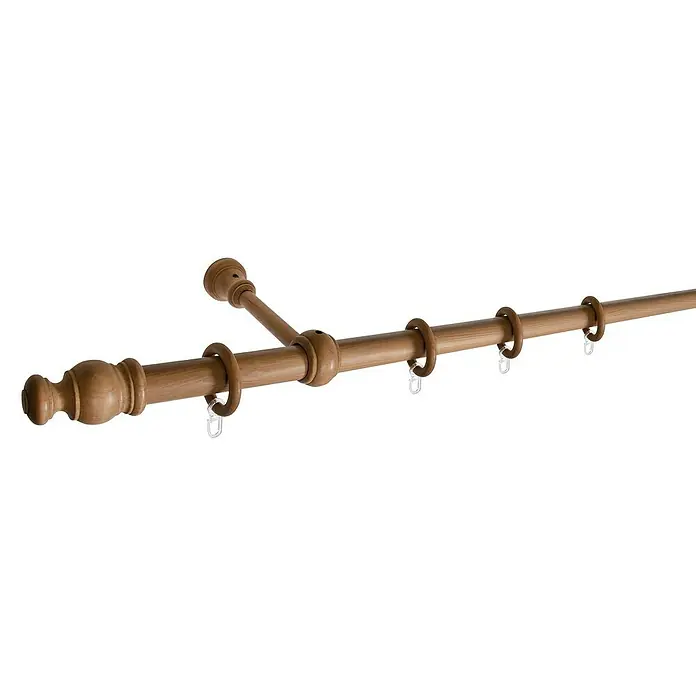 Expo Ambiente Komplettgarnitur Mini - Länge: 160 cm, Buche - Eine Gardinenstange aus Holz mit dekorativen Endstücken und Ringen, die eine elegante Aufhängung für Vorhänge ermöglicht.