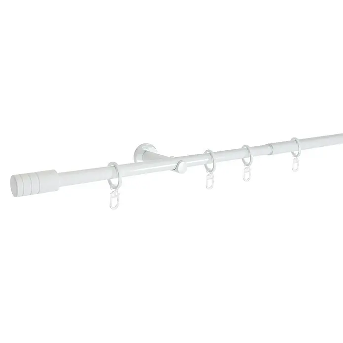 Expo Ambiente Stilgarnitur Rillcube - Länge Gardinenstange: 160 cm - 280 cm, Weiß - Eine weiße Gardinenstange mit Ringen und Endstücken. Ideal für eine stilvolle Fensterdekoration und einfache Montage.