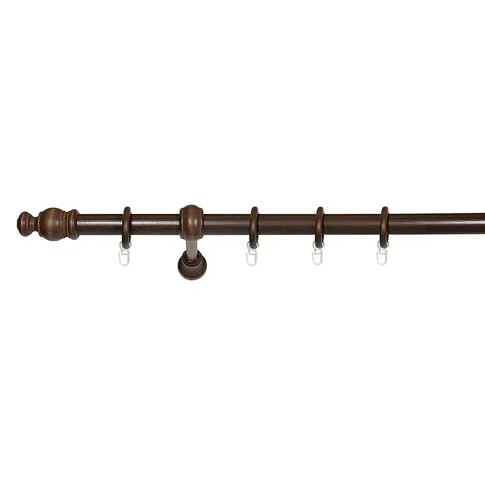 Expo Ambiente Komplettgarnitur Mini - Länge: 160 cm, Nussbaum - Detailaufnahme einer braunen Gardinenstange mit Endstück, Ringen und Halterung, ideal für stilvolle Fensterdekorationen.