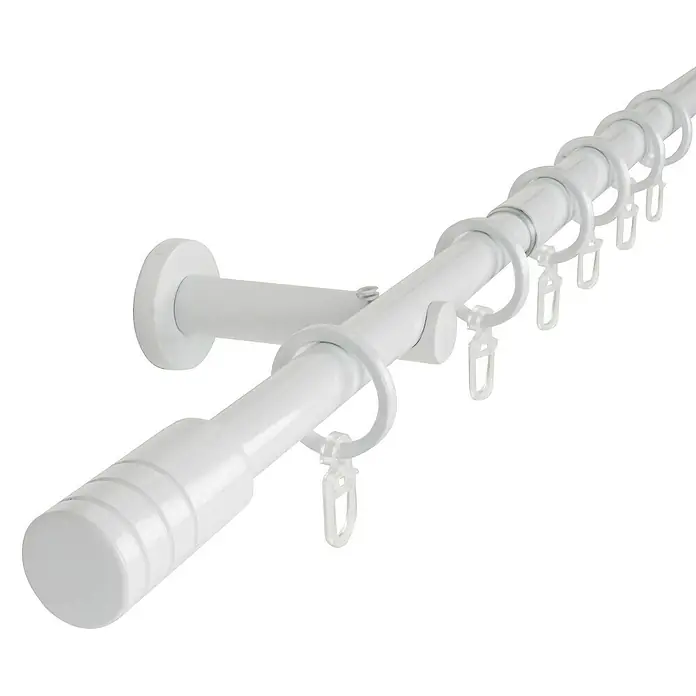 Expo Ambiente Stilgarnitur Rillcube - Länge Gardinenstange: 120 cm - 210 cm, Weiß - Eine weiße Gardinenstange mit Ringen und Halterung. Ideal für Fensterdekoration und Gardinenaufhängung.