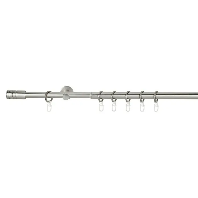 Expo Ambiente Stilgarnitur Rillcube - Länge Gardinenstange: 160 cm - 280 cm, Edelstahloptik - Eine Gardinenstange aus gebürstetem Metall mit Endstück und Ringhalterungen zum Aufhängen von Gardinen.