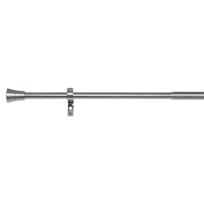 Expo Ambiente Stilgarnitur Habito-Rillmino - Länge Gardinenstange: 210 cm - 400 cm, Edelstahloptik - Eine silberne Gardinenstange mit Endstück und Halterung, ideal für moderne Fensterdekorationen. Stilvoll und funktional.