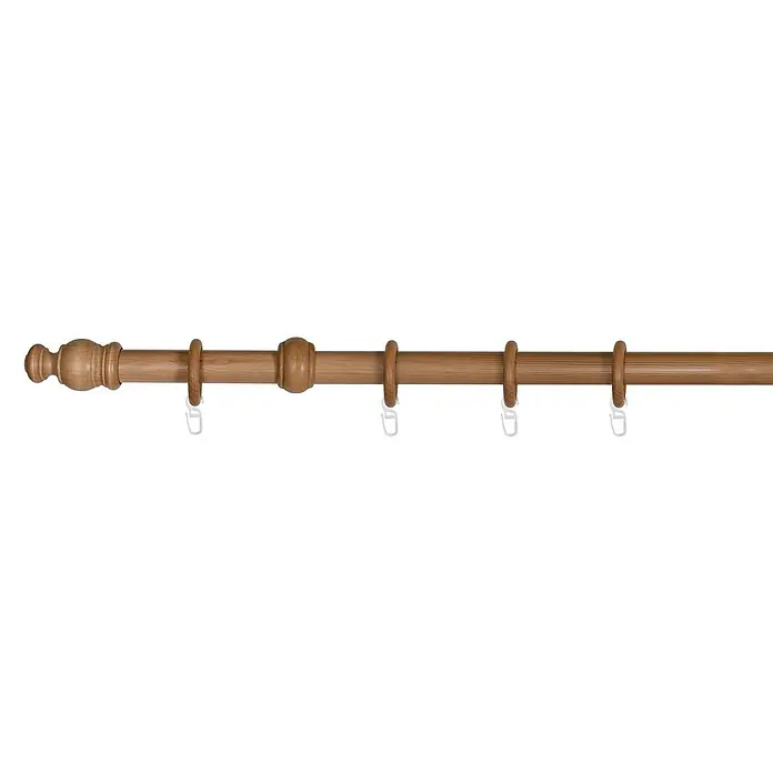 Expo Ambiente Komplettgarnitur Mini - Länge: 160 cm, Buche - Nahaufnahme einer hölzernen Gardinenstange mit Zubehör, die ein rustikales Flair für die Fensterdekoration bietet.