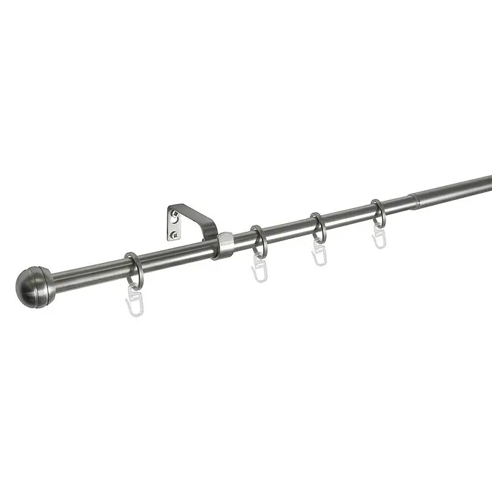 Expo Ambiente Stilgarnitur Habito-Rillball - Länge Gardinenstange: 210 cm - 400 cm, Edelstahloptik - Eine Gardinenstange aus Metall mit Endknopf, Halterung und Ringen, bereit zur stilvollen Fensterdekoration.