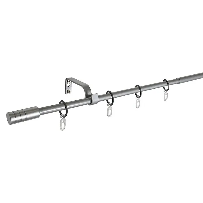 Expo Ambiente Komplettgarnitur - Länge Gardinenstange: 120 cm - 210 cm, Silber - Metallgardinenstange mit Endstück, Halterung und Ringen. Sie ist eine stilvolle Lösung für die Fensterdekoration.