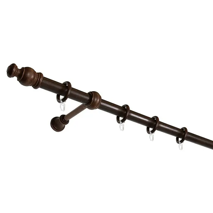 Expo Ambiente Komplettgarnitur Mini - Länge: 160 cm, Nussbaum - Eine Nahaufnahme einer braunen Vorhangstange mit Endstücken und Ringen. Die Stange ist diagonal im Bild platziert.