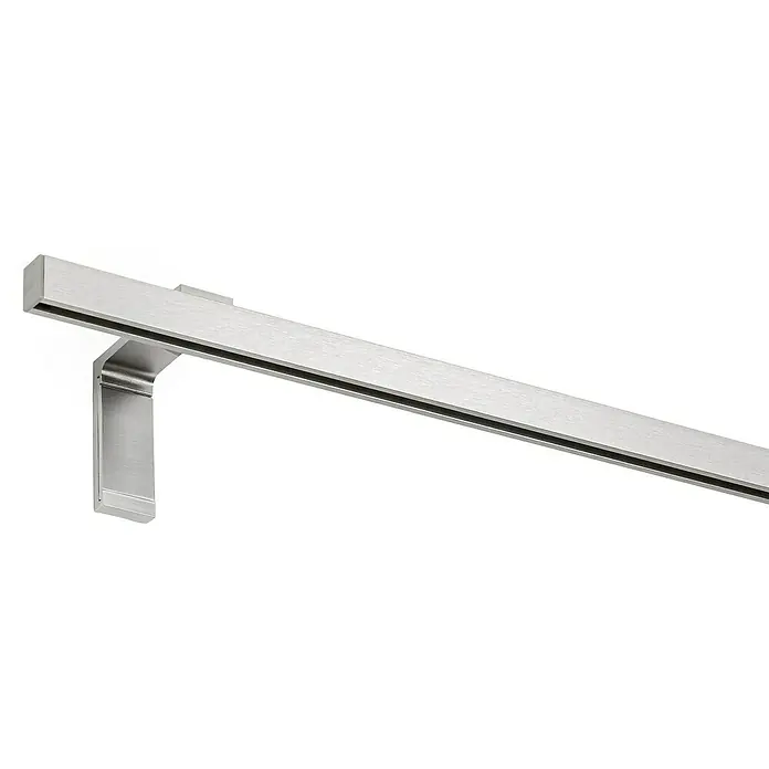 Expo Ambiente Gardinenprofil Smart Set - Anzahl Läufe: 1 Stk., Edelstahloptik, 200 cm - Eine moderne Gardinenstange aus gebürstetem Metall mit einer schlichten, eckigen Halterung für eine stilvolle Fensterdekoration.