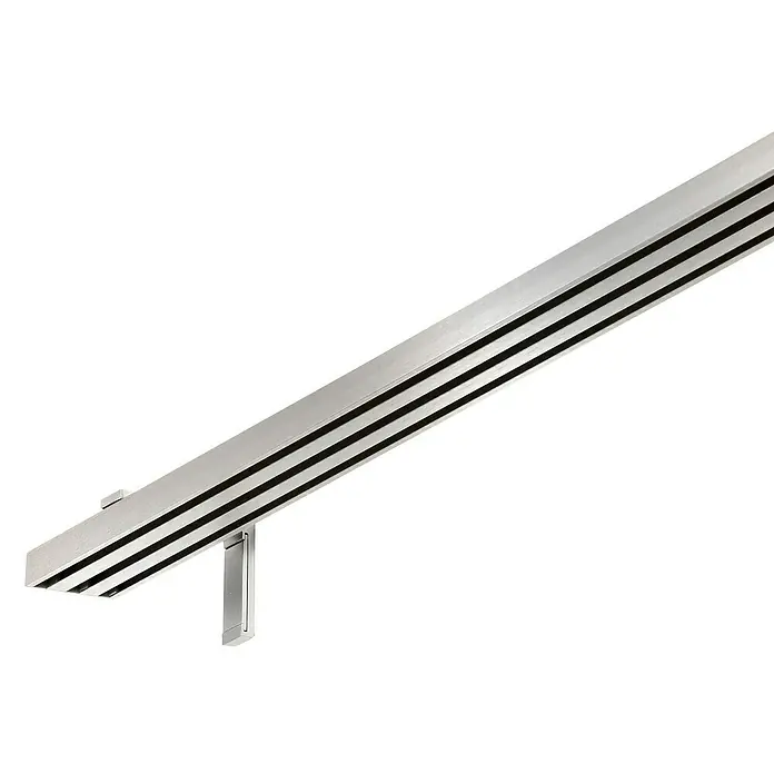 Expo Ambiente Gardinenprofil Smart Set - Anzahl Läufe: 3 Stk., Edelstahloptik, 210 cm - Eine moderne Treppengeländer Konstruktion aus gebürstetem Edelstahl mit drei horizontalen Streben und einer Halterung.
