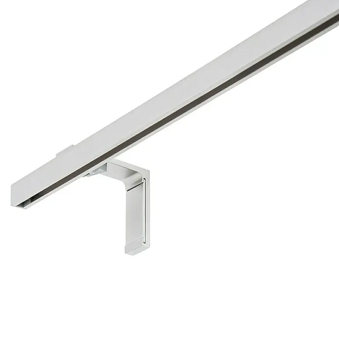 Expo Ambiente Gardinenprofil Smart Set - Anzahl Läufe: 1 Stk., Edelstahloptik, 200 cm - Nahaufnahme einer weißen Gardinenschiene mit Halterung, die ein minimalistisches und modernes Design für Fensterdekoration zeigt.