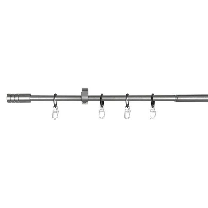 Expo Ambiente Komplettgarnitur - Länge Gardinenstange: 120 cm - 210 cm, Silber - Bild einer Gardinenstange mit Ringen und Endstücken in Silber. Das schlanke Design der Gardinenstange ergänzt moderne Einrichtungsstile.