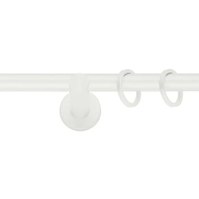 Expo Ambiente Stilgarnitur Rillcube - Länge Gardinenstange: 120 cm - 210 cm, Weiß - Detailaufnahme einer weißen Gardinenstange mit Halterung und zwei Ringen, ideal für eine stilvolle Fensterdekoration.