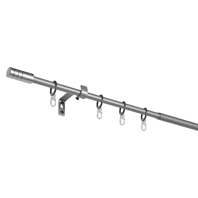 Expo Ambiente Komplettgarnitur - Länge Gardinenstange: 120 cm - 210 cm, Silber - Eine moderne Gardinenstange aus Metall mit Endstück, Halterung und Ringen, ideal für stilvolle Fensterdekoration.