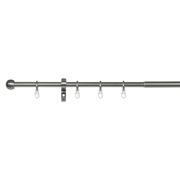 Expo Ambiente Stilgarnitur Habito-Rillball - Länge Gardinenstange: 210 cm - 400 cm, Edelstahloptik - Eine silberne Gardinenstange mit Endstück, Ringen und Halterung. Perfekt für stilvolle Fensterdekoration und einfache Montage.