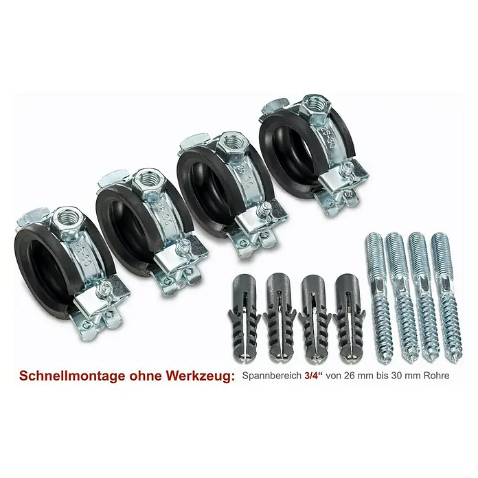 Click-Rohrschellen-Set - Durchmesser: 26 mm - 28 mm, 4 Stk. - Rohrschellen-Set mit Gummieinlage, Dübeln und Gewindestiften für Rohre mit einem Durchmesser von 26 mm bis 30 mm.