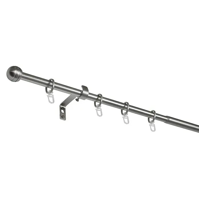 Expo Ambiente Stilgarnitur Habito-Rillball - Länge Gardinenstange: 210 cm - 400 cm, Edelstahloptik - Eine Gardinenstange aus Metall mit Kugelabschluss, Halterung und Ringen mit Haken. Ideal für die Fensterdekoration mit Vorhängen.