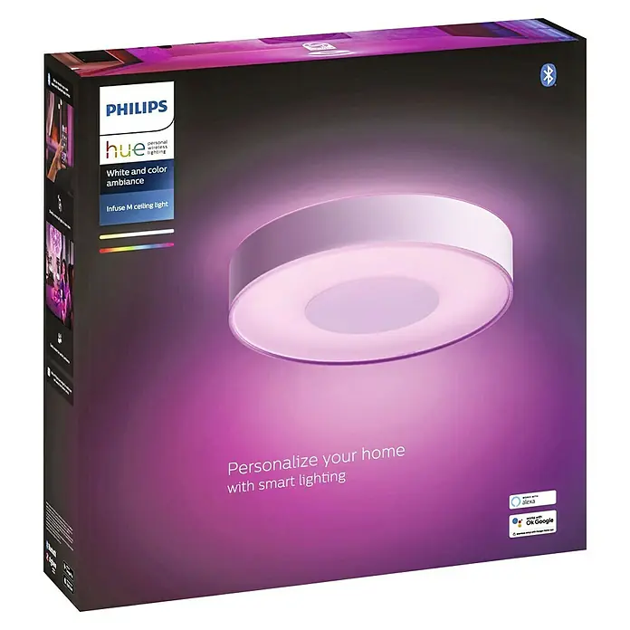 Philips Hue LED-Deckenleuchte rund White & Color Ambiance Infuse M - 33,5 W, Ø x H: 38,1 x 8,4 cm, Weiß, Mehrfarbig - Nahaufnahme der Verpackung einer Philips Hue Infuse M Deckenleuchte, die intelligentes, farbiges Ambiente-Licht bietet.