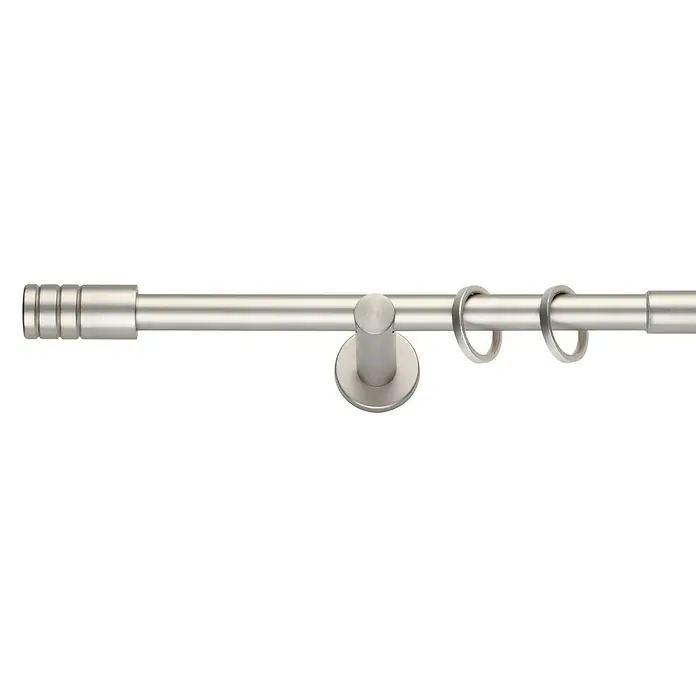 Expo Ambiente Stilgarnitur Rillcube - Länge Gardinenstange: 160 cm - 280 cm, Edelstahloptik - Eine moderne, silberfarbene Gardinenstange mit Endstück, Halterung und zwei Ringen. Ideal für stilvolle Fensterdekorationen.