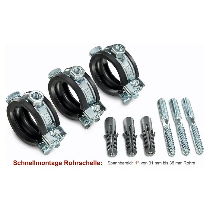 Click-Rohrschellen-Set - Durchmesser: 31 mm - 35 mm, 3 Stk. - Rohrschellen-Set zur Schnellmontage mit Gummieinlage, inkl. Dübel und Stockschrauben. Ideal für Rohre mit einem Durchmesser von 31 mm bis 35 mm.