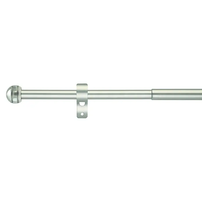 Expo Ambiente Stilgarnitur Habito-Rillball - Länge Gardinenstange: 160 cm - 280 cm, Edelstahloptik - Eine silberne Gardinenstange mit Kugelende und einer Halterung zur Wandmontage. Die Stange ist ausziehbar und leicht zu installieren.