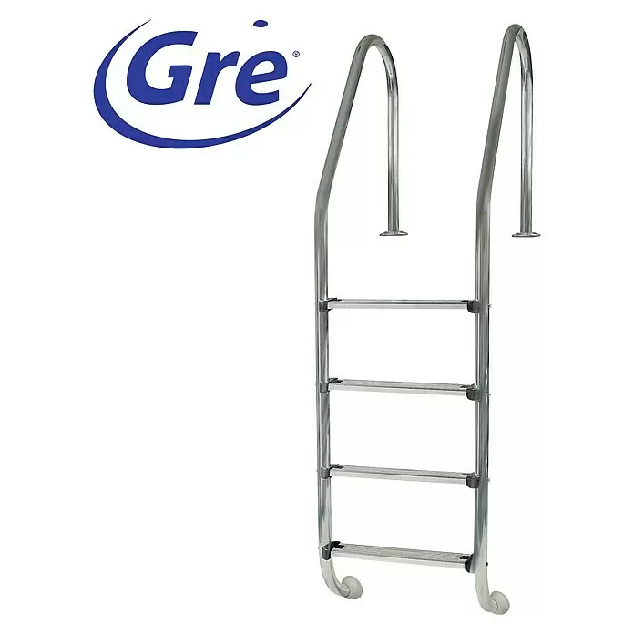 Gre Kit de piscina enterrada Madagascar - L x An x Al: 700 x 320 x 150 cm, 27.470 l - Escalera de piscina de cuatro peldaños de acero inoxidable plateado con pasamanos curvos.