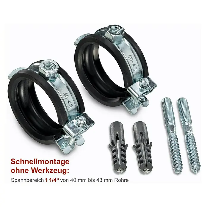 Click-Rohrschellen-Set - Durchmesser: 40 mm - 43 mm, 2 Stk. - Rohrschellen mit Gummieinlage und Befestigungsmaterial für Rohre mit einem Durchmesser von 40 bis 43 mm. Schnelle Montage ohne Werkzeug.
