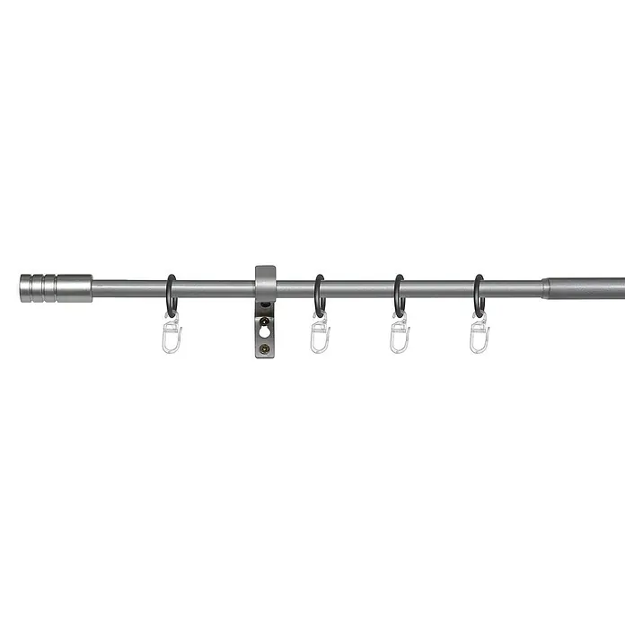 Expo Ambiente Komplettgarnitur - Länge Gardinenstange: 120 cm - 210 cm, Silber - Metallgardinenstange mit Ringen und Halterung, ideal für stilvolle Fensterdekorationen und einfache Montage.