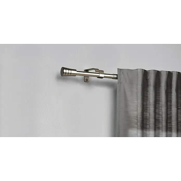 Expo Ambiente Stilgarnitur Habito-Rillmino - Länge Gardinenstange: 210 cm - 400 cm, Edelstahloptik - Elegante Gardinenstange aus Metall mit Endstück und grauer Gardine. Sie verleiht jedem Raum eine moderne Note.