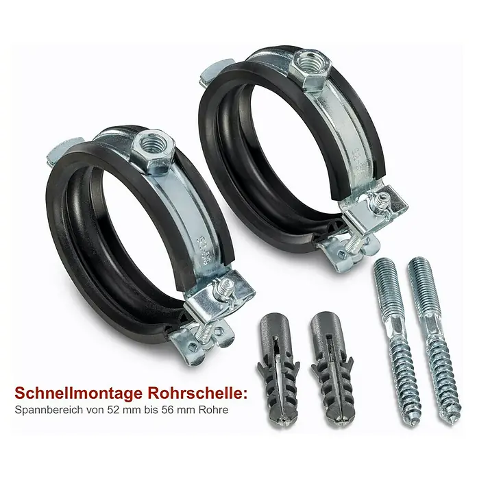 Click-Rohrschellen-Set - Durchmesser: 52 mm - 56 mm, 2 Stk. - Rohrschelle zur Schnellmontage mit einem Spannbereich von 52 mm bis 56 mm, inklusive Dübel und Schrauben.