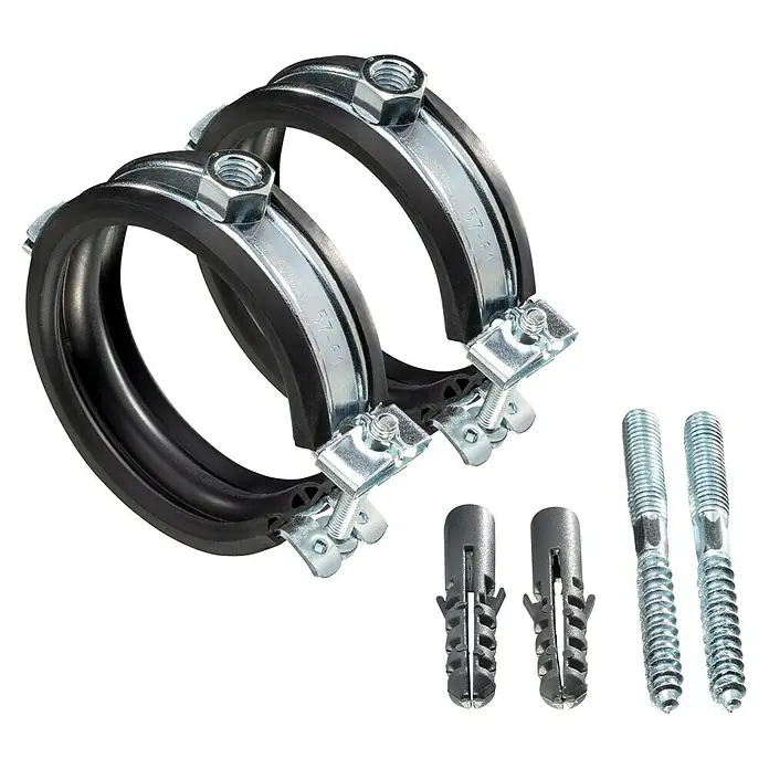 Click-Rohrschellen-Set - Durchmesser: 57 mm - 61 mm, 2 Stk. - Rohrschellen-Set mit Gummieinlage zur sicheren Befestigung von Rohren. Inklusive Dübel und Schrauben für die Wandmontage.