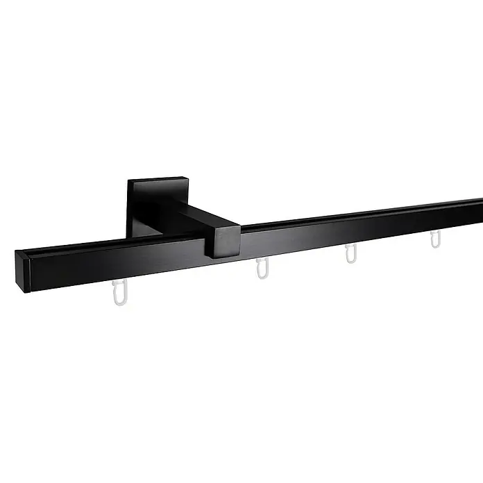 Stilgarnitur Innenläufig Square - Länge Gardinenstange: 160 cm, Schwarz - Eine schwarze Vorhangstange mit Halterung und Haken, perfekt für eine moderne Fensterdekoration. Die Gardinenstange ist elegant und funktional.